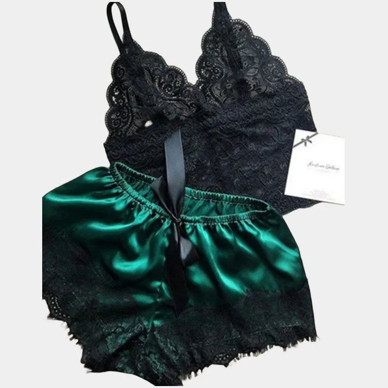 Pajama Sets Women Lace Silk Sleepwear Sexy Lingerie Crop Tops and Shorts Babydoll Nightwear Loungewear Pijamas