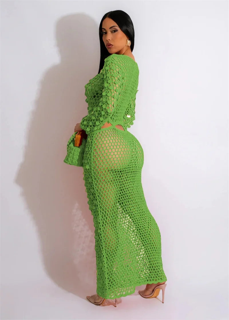 Sexy Party Dresses Sequined Crochet Knitted Beach Dress for Women Summer See-through Cover Up Bodycon Maxi Dress Vacation Club