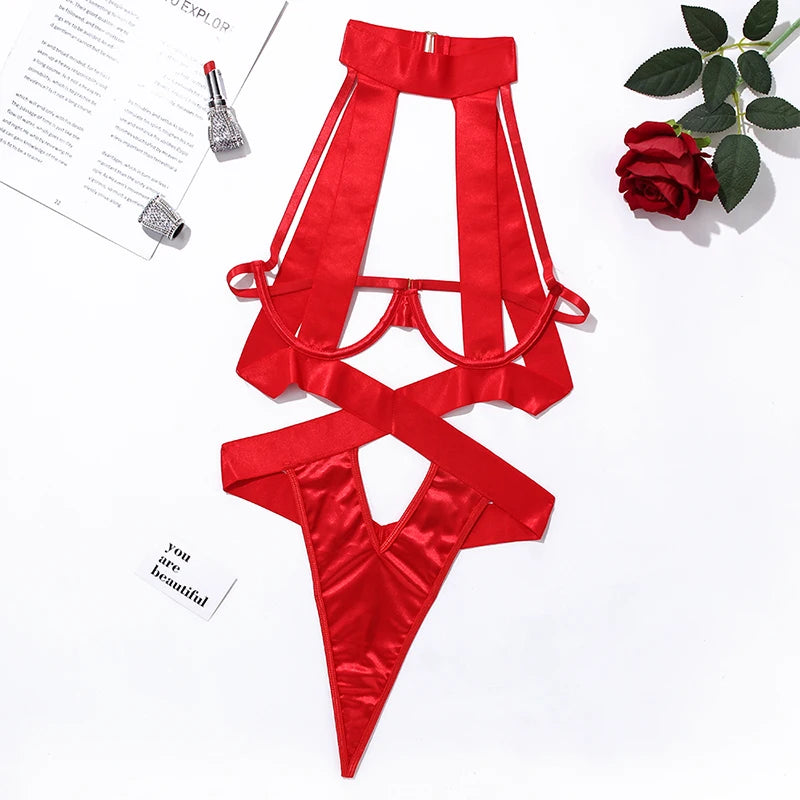 Sexy Satins Perspective Bodysuit Bandages Erotic Apparel With Wire  Lingerie Set Women Halter Cut Out Erotic Red/Black Brief Kit
