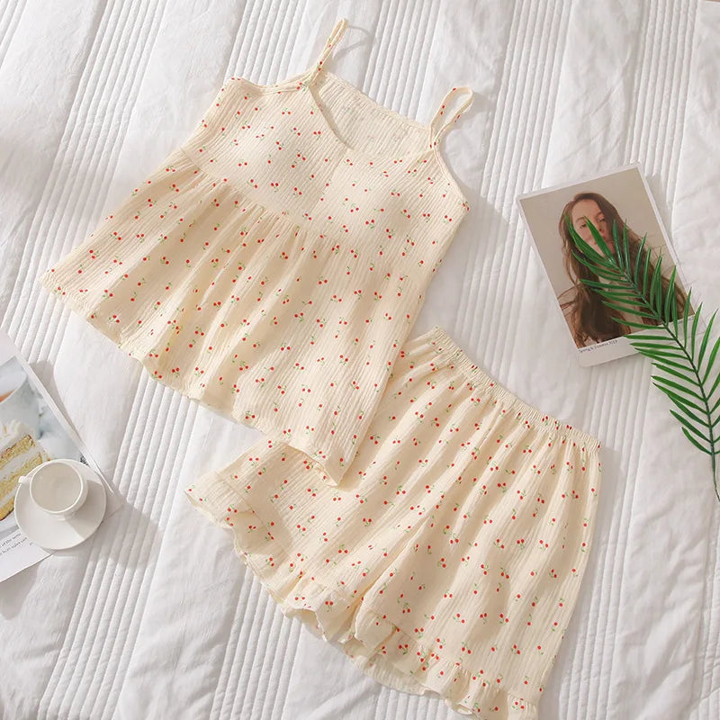 2026Women's Summer Cotton Sleepwear Sets Girl's Camisole Vest with Chest Cushion Shorts Cute Floral Two-piece Home Suit Set 2PCS
