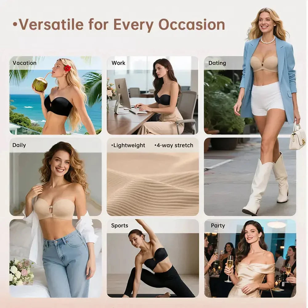 Strapless Front Closure Bra Padded Push Up Lift Bra Non Slip Grip Wireless Supportive Seamless Tube Jelly Bra Add Cup Underwear