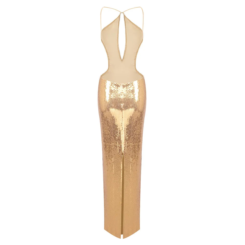 Sexy Sequin Halter Black Long Dress with Deep Plunge Cut-out – Summer New Backless Club Nights DJ Party Birthday Evening Dresses