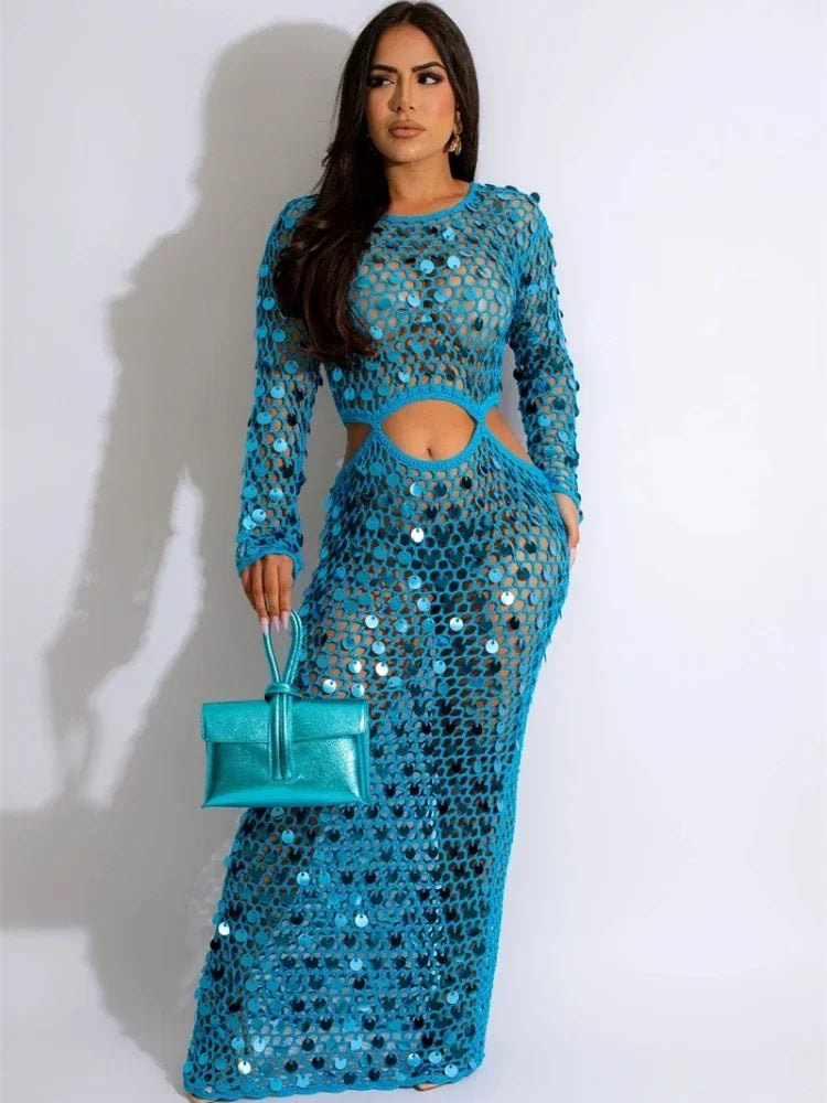 Sexy Party Dresses Sequined Crochet Knitted Beach Dress for Women Summer See-through Cover Up Bodycon Maxi Dress Vacation Club