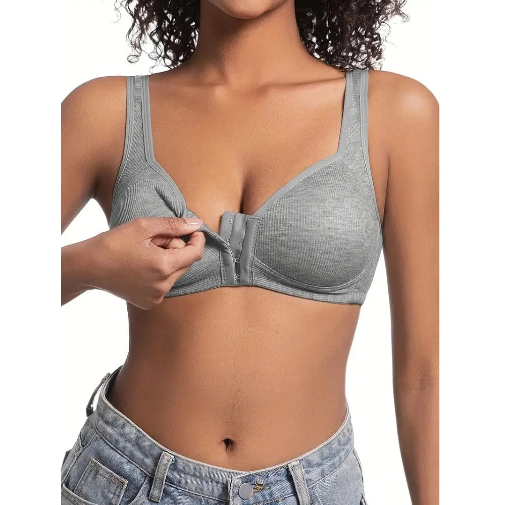 Women's Bra Wire-Free Front Closure Solid Color Full Coverage 3D Cups More Considerate for Middle-Aged And Elderly Individual