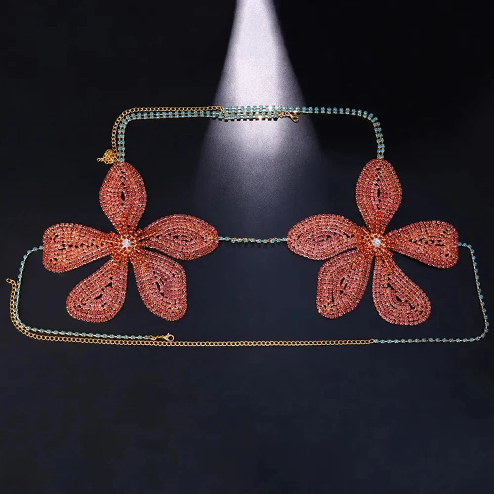 2024 Festival Pink Flower Bra Chain Harness Chest Accessories Rave Bikini Tops Large Crystal Body Chain Lingerie for Women