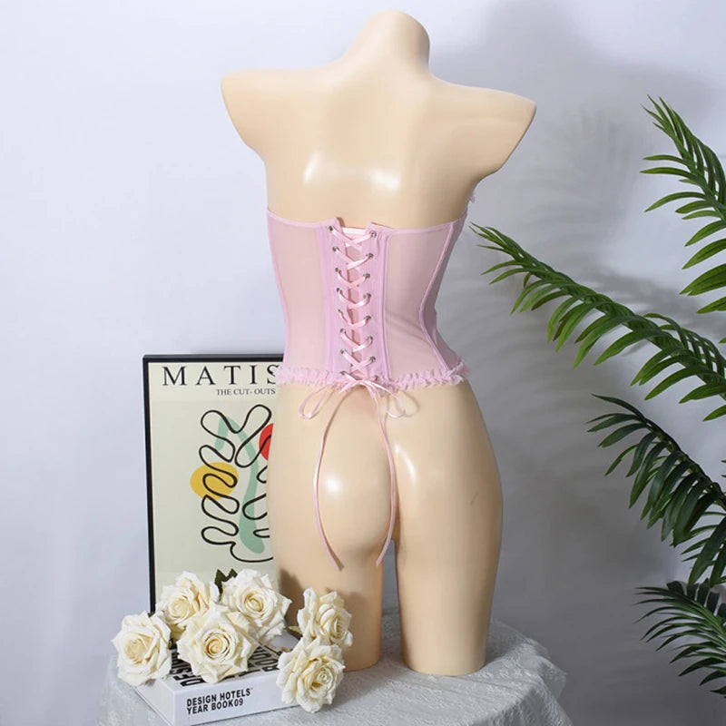 Women Sheer Lingerie Streetwear Lace-up Bustier Corset Tops Slim Backless y2k Tank Top Strapless Striped Sheath Sexy Camisole
