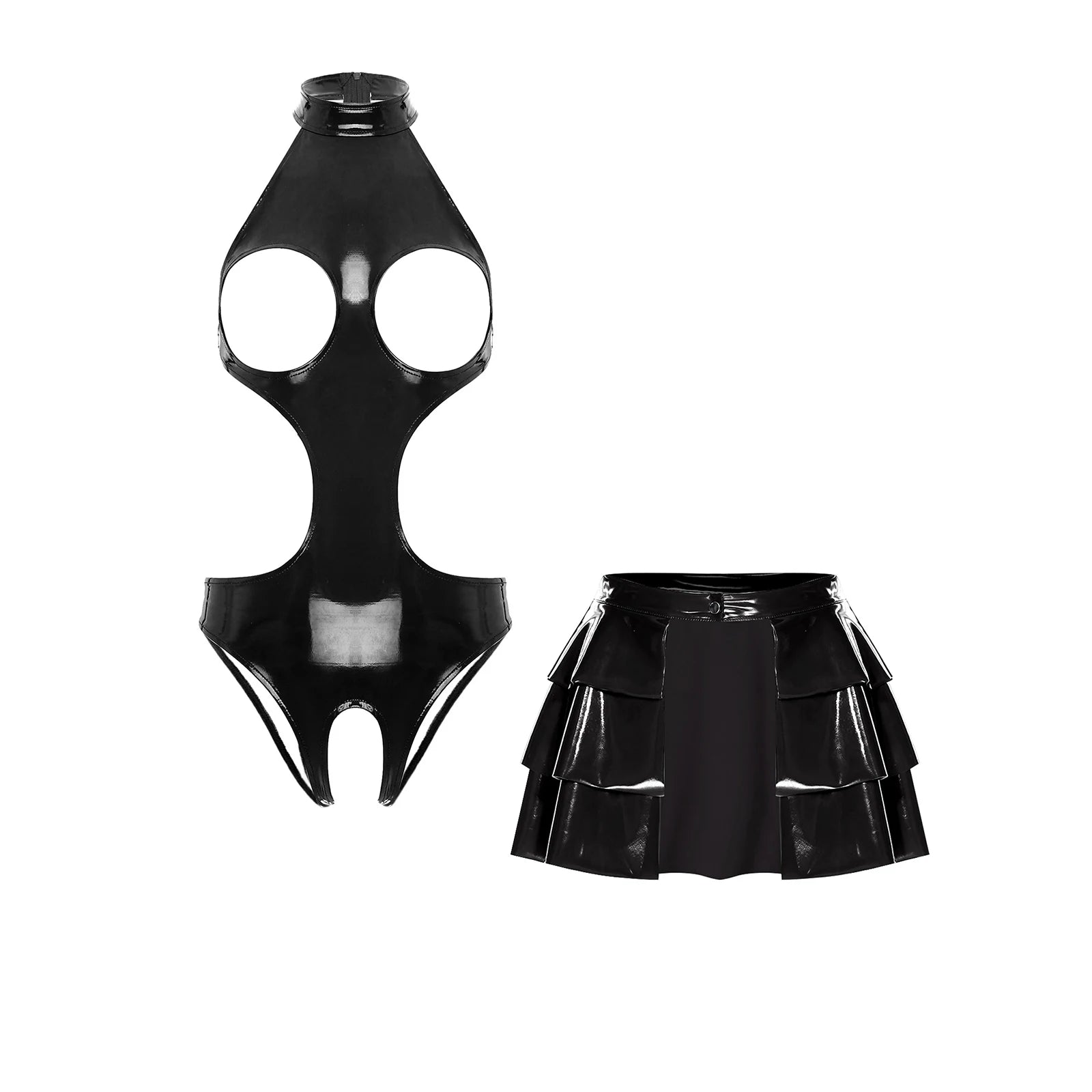 Womens Lingerie Set Bare Breast Open Crotch Bodysuit Ruffled Hem A-line Miniskirt with Wet Look Clubwear Pu Leather Rave Outfits