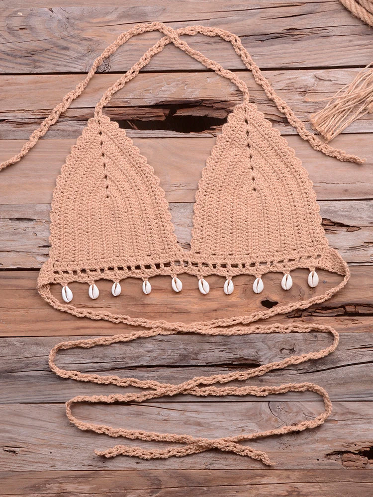 Knitted Bra Top Bikini Set Womens Swimsuit Handemade Crochet Bikini Cover Up Tassel Beach Long Wrap Skirt Sarong Immadman 7004