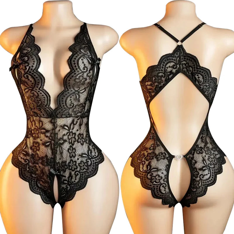 Sexy Lingerie For Women Deep V Crotchless Babydoll Dress Lace Bow Knot Open Bra Bodysuit Erotic Costumes Female Porno Underwear