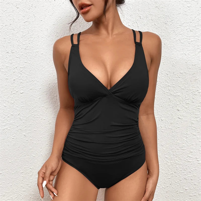Women’s One-Piece Swimsuit Sexy Tummy Control Solid Bathing Suit Ladies Retro Striped Slimming Monokini Beach Full Swim Wear
