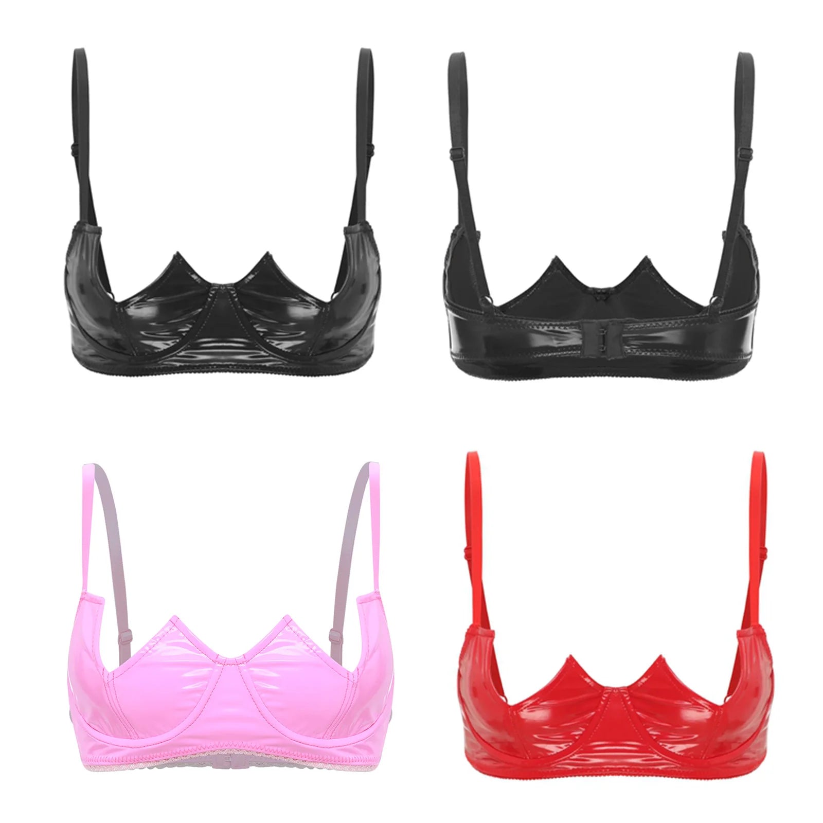 Womens Sexy Gothic Wet Look Patent Leather Bralette Lace Quarter Cup Underwired Shelf Bras Tops Push Up Sheer Floral Balconette