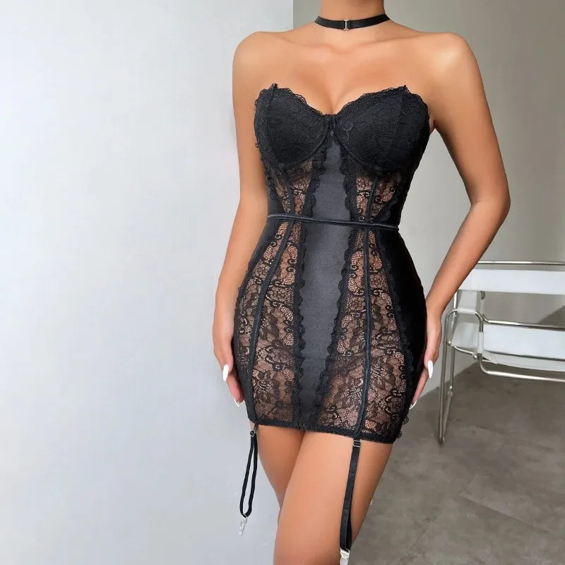 Women's Lingerie Sexy Nightwear Lace Spliced Sensual Night Dress Strapless Backless Babydolls Garter Club Sexy Erotic Costumes