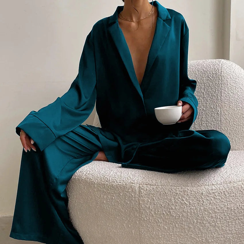 Two Pieces Women Pajama Sets Single Breasted Blouses Lounge Full Sleeve Spliced Straight Pants Casual Solid Lady Sleepwear