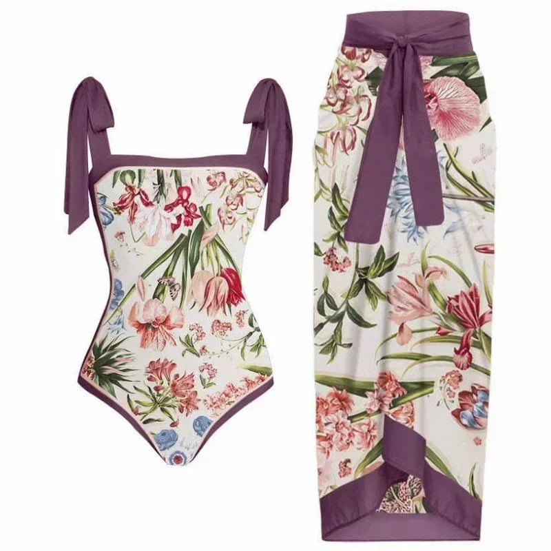Fashion Women Cover Swimsuit Retro Print Gorgeous One-Piece Suit with Swimwear Beach Casual Swimwear Skirt That Wraps Hips