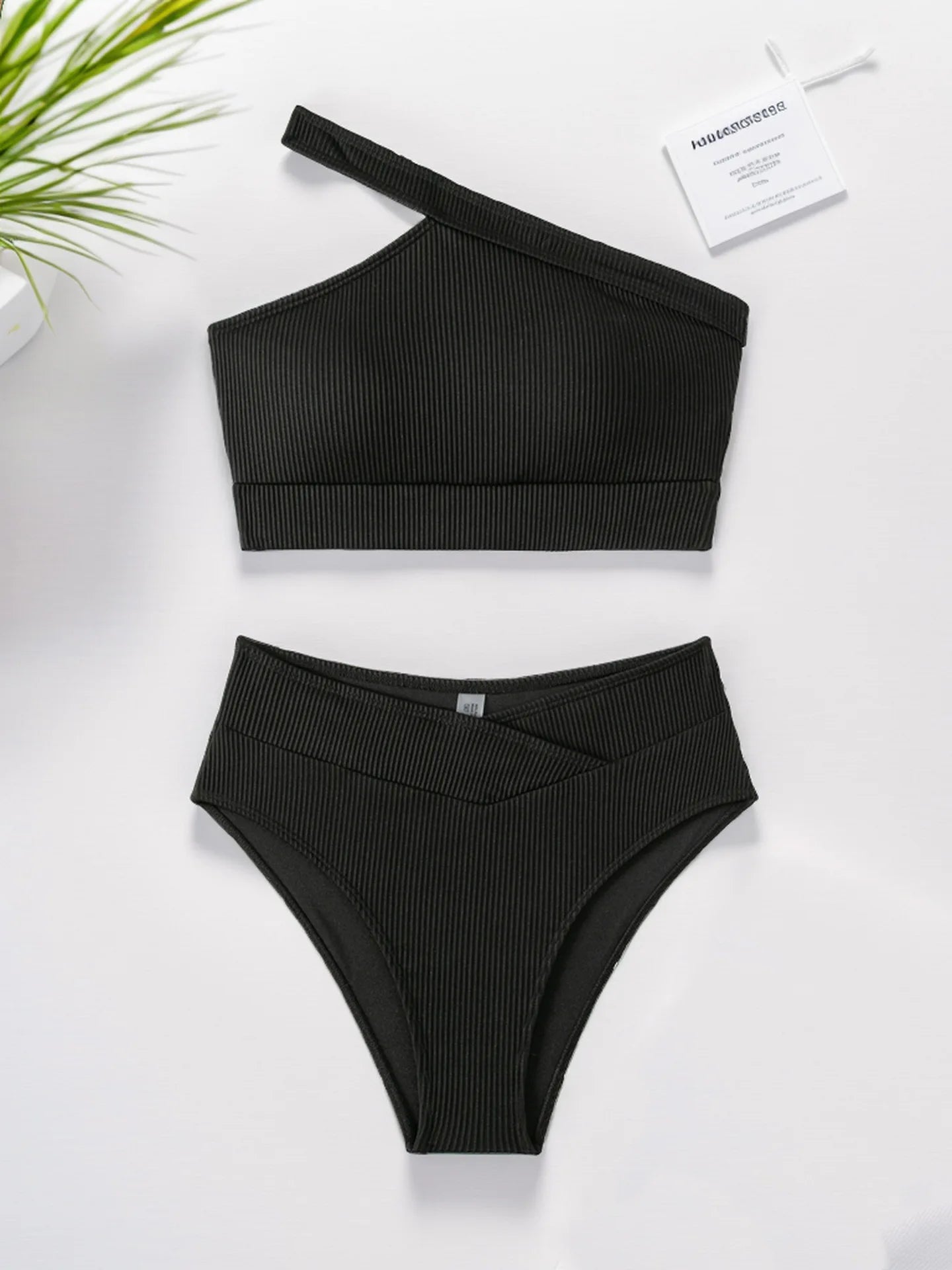Ribbed Knit One Shoulder Bikini Asymmetrical Strap Crop Top V‑Shaped High Waisted Bottom Two‑Piece Swimsuit Women Tummy Control