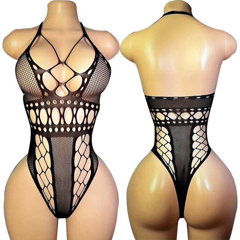 Open Back Bras Body Suits Hanging Neck Bodystockings Erotic Crotchless Lingerie Women Black Sexy Fishnet Hollow Underwear Sets
