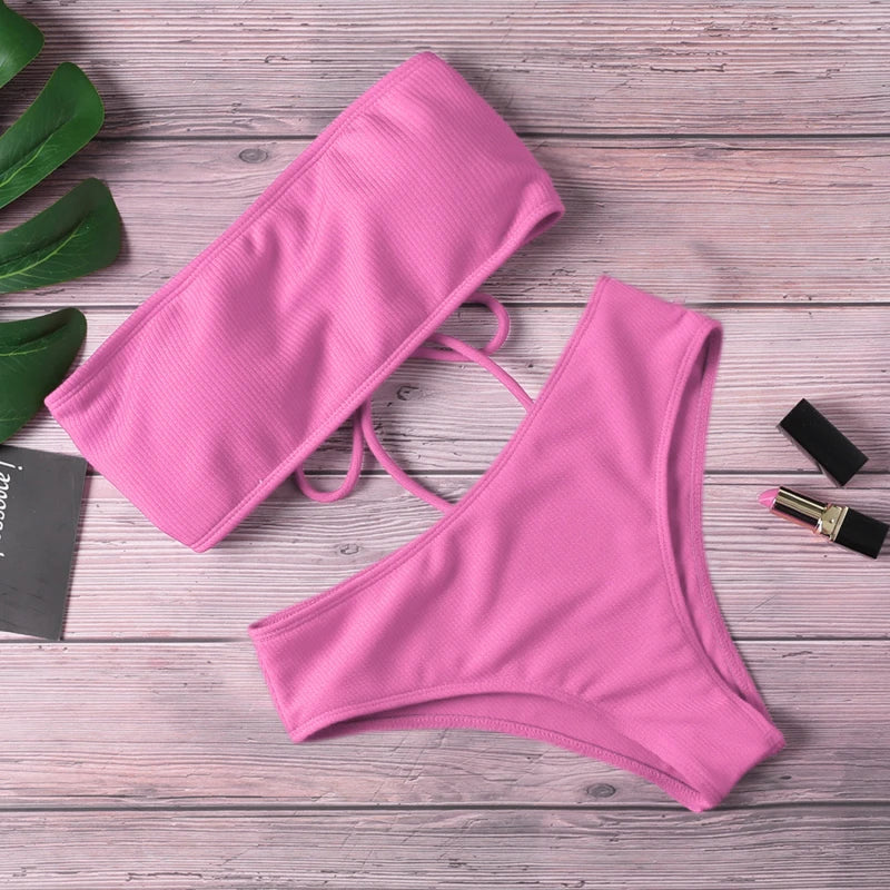 Sexy Bikini Swimwear for Women Solid Color Bikini Set Female Tube Top Padded Bathing Suit Summer Beach Wear New
