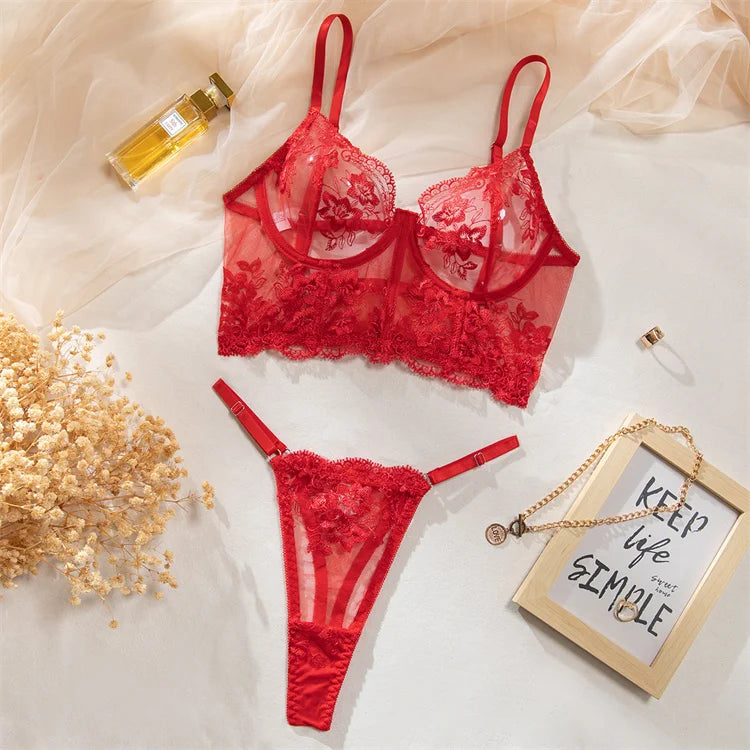 Sexy Lingerie for Women Floral Embroidered Fishbone Bra Set French Ultra Thin Corset Top Intimate 2 pcs Sheer Mesh Lingerie Set