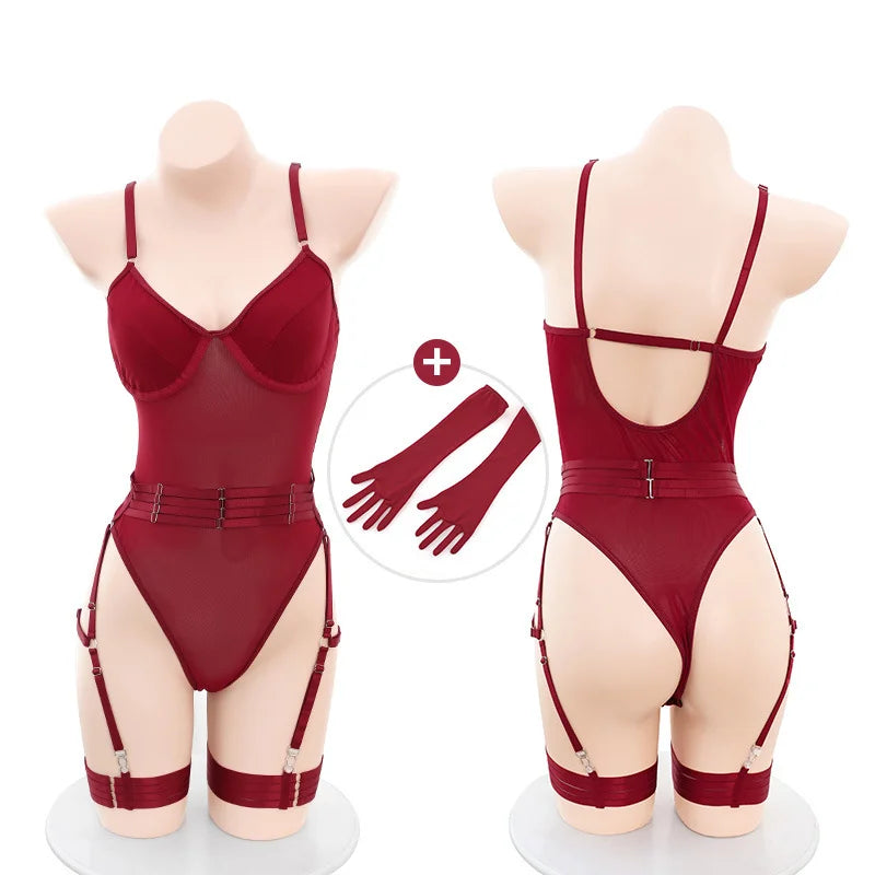 Sexy Sensual Lingerie Sets for Women See Through Mesh Lace Tight Bodysuit with Gloves Garter Exquisite Underwear Sexy Costumes