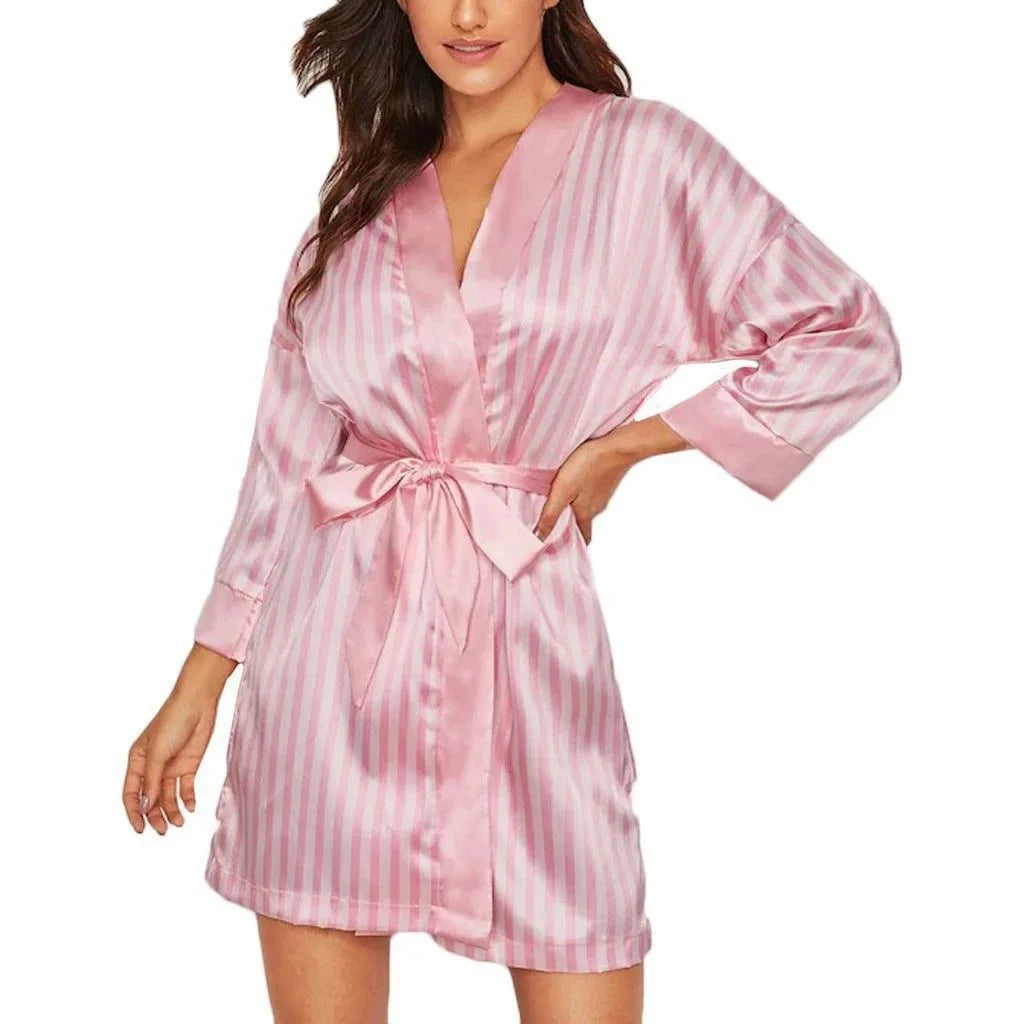 Women's Sexy Lingerie Robe Pink Striped Satin Short Nightwear Bathrobe Sleepwear Homewear Bridesmaid For Ladies Pajama party