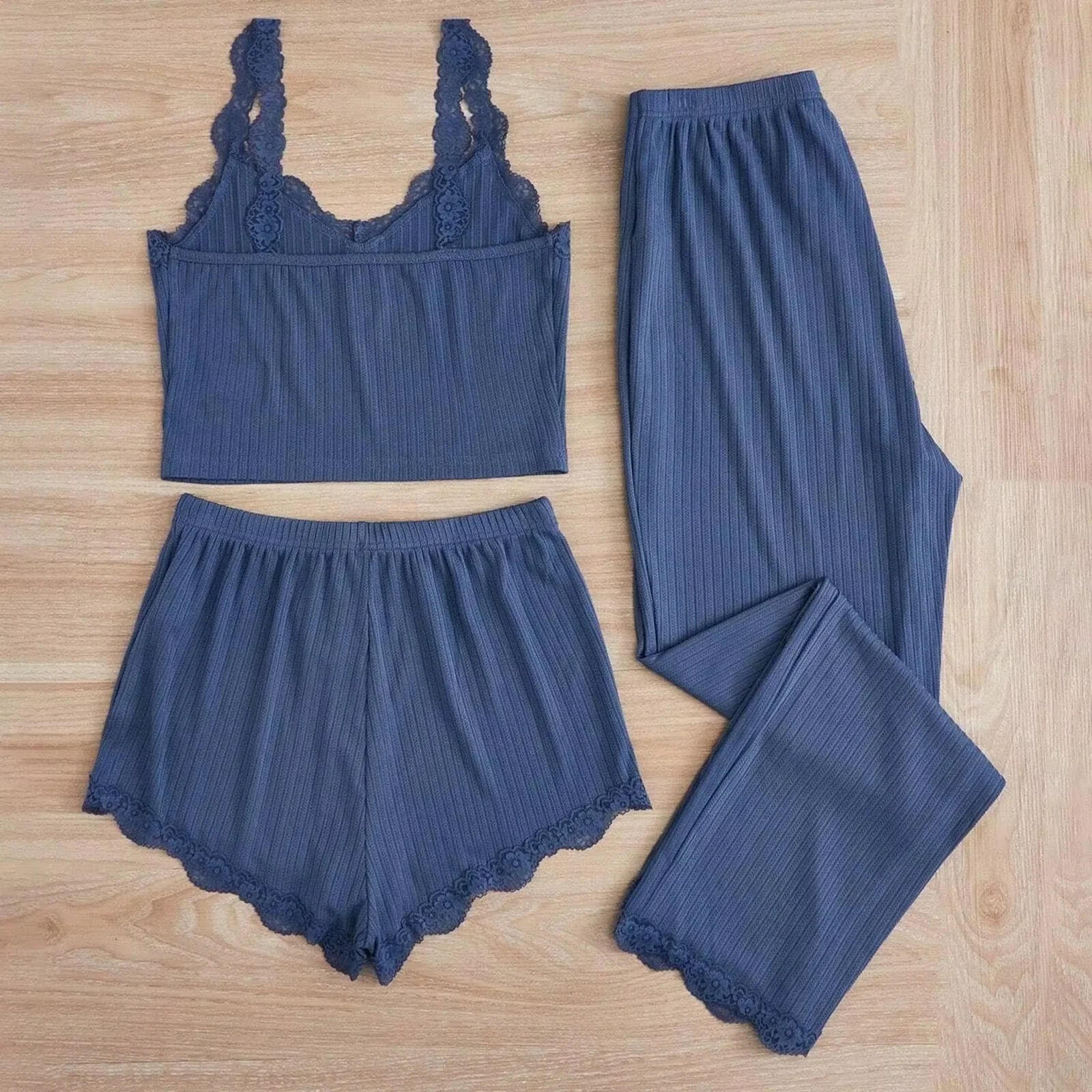 Summer 3PCS Pajama Sets for Women's Solid Vest Shorts and Pants Paired with Lace Splicing for Homewear Sexy Sleepwear Sets