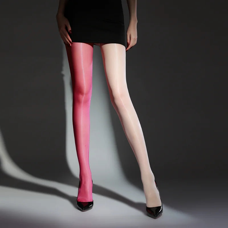 Women Sexy Stockings Oil Shiny Glossy Transparent Pantyhose Elastic Separate Cross Waisted Hollow High Socks Exotic Lingerie