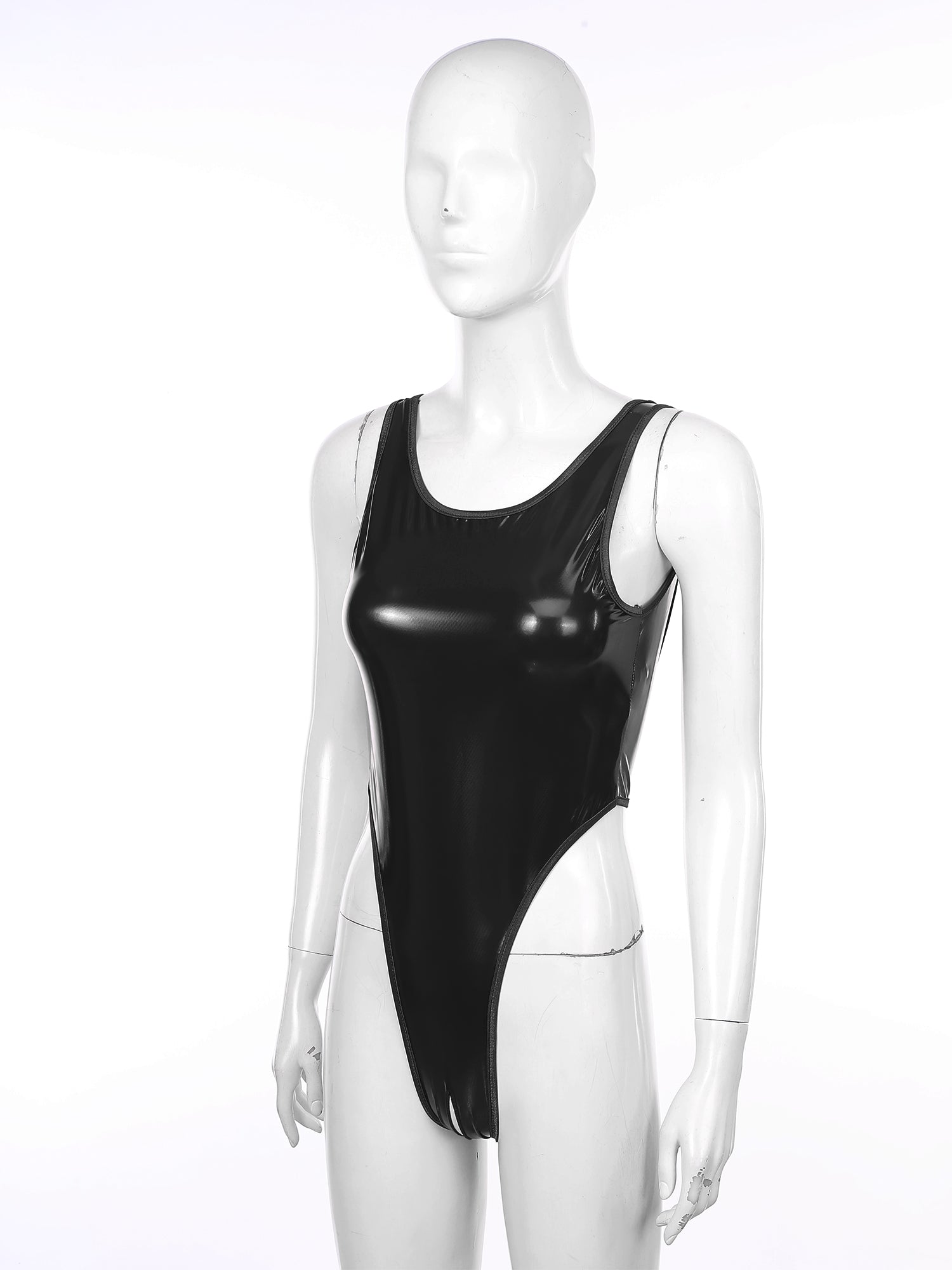 Womens Lingerie Crotchless Bodysuit Swimsuit U Neck Wet Look Patent Leather Clubwear High Cut Backless Catsuit Pole Dance Outfit