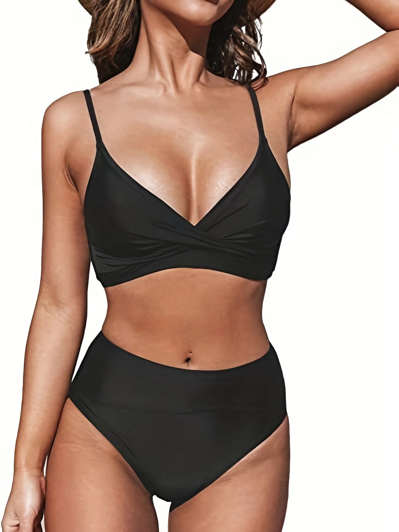 Women's sexy crop top high-waisted solid color bikini triangle set, a must-have item for summer beach leisure and vacation.