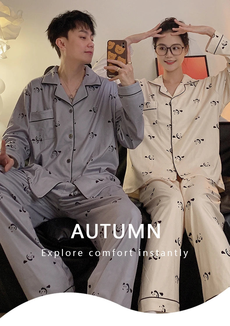 Pajamas Women Pajama Man Set Cotton Plus Size Spring Autumn Long-sleeved Korean Cardigan Casual V-neck Nightwear Couple Pyjamas