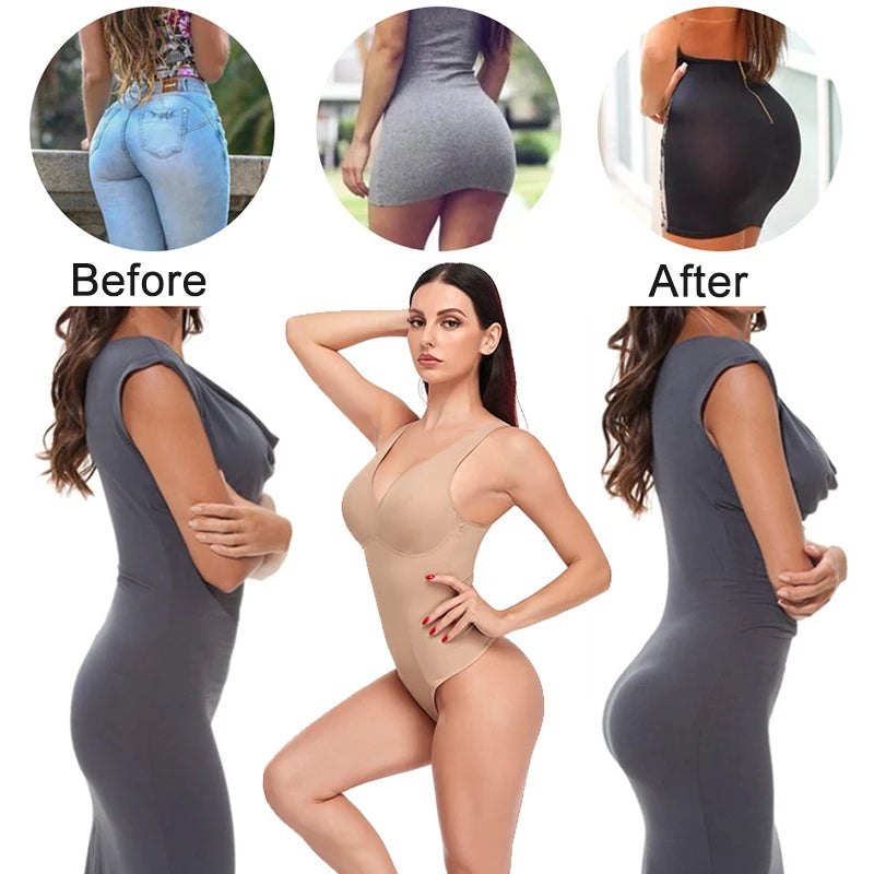 Shapewear Bodysuit Thong Body Shaper for Women Waist Trainer Corset Deep V Neck Slimming Underwear Built-in Bra Camisoles Tops