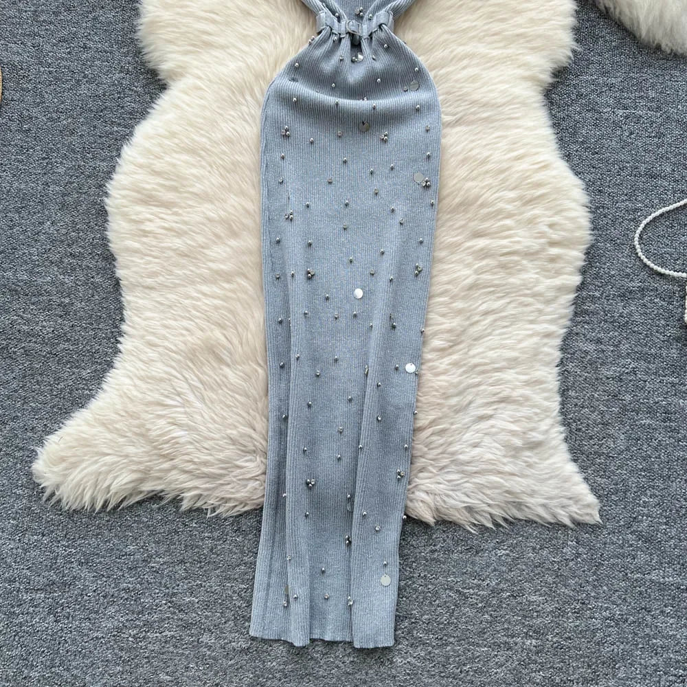 Sexy Knitting Split Long Dress Sleeveless Sequins Diamonds With Sashes Skinny Sundress 2025 Fashion Women Summer Dress