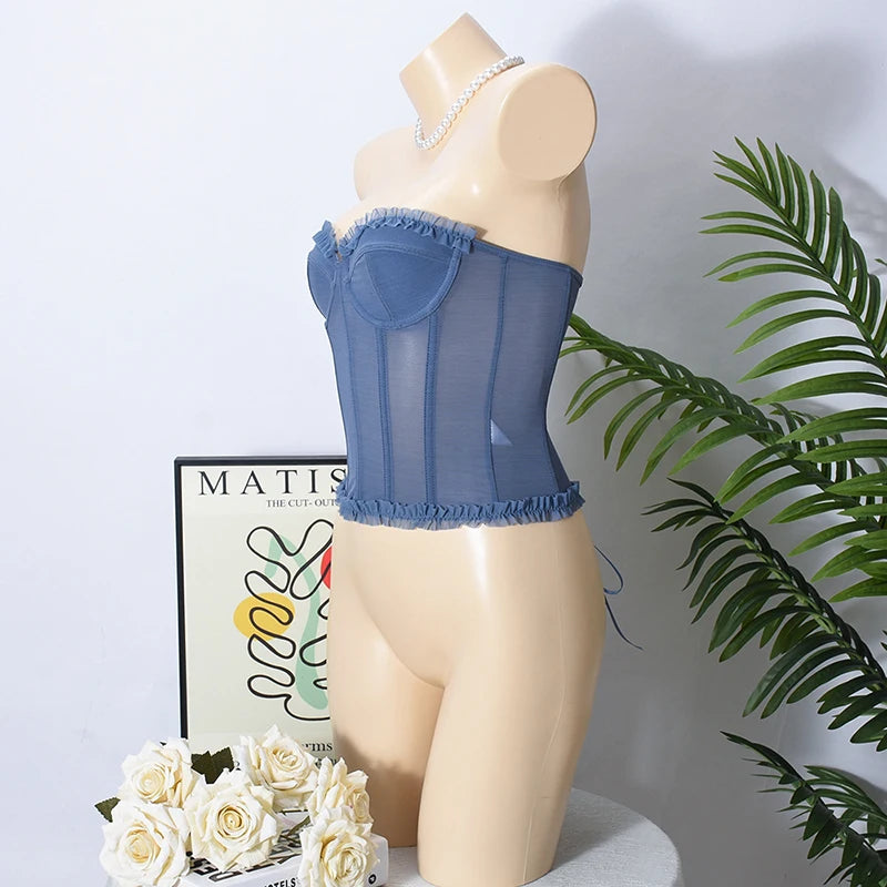 Women Sheer Lingerie Streetwear Lace-up Bustier Corset Tops Slim Backless y2k Tank Top Strapless Striped Sheath Sexy Camisole