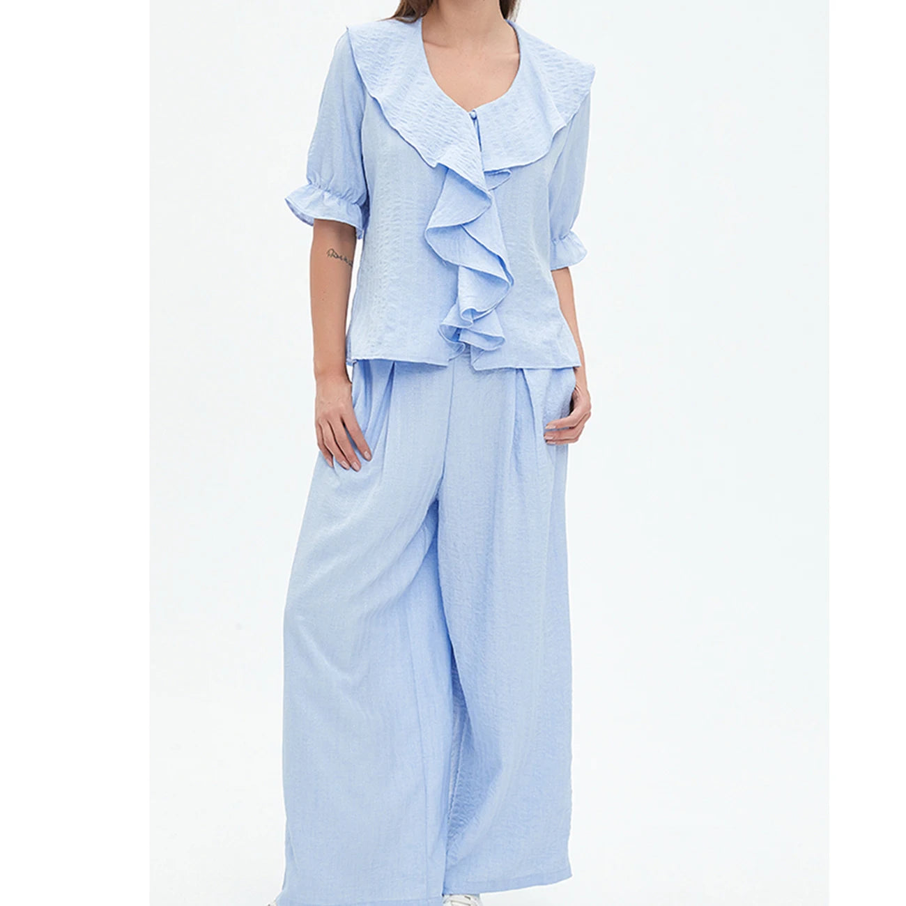 Women Linen Pajama 2 Piece Set Short Sleeve Front Ruffle Shirt PJs Pants Lounge Cute Sleepwear Casual Homewear Set