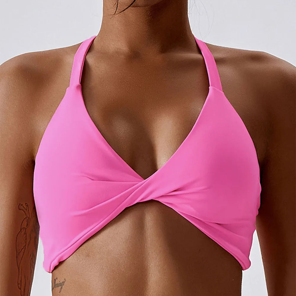 Anfilia Women Sports Bras Solid Halter Neck High Elastic With Removable Padded Gym Crisscross Strappy Back Yoga Running Tops