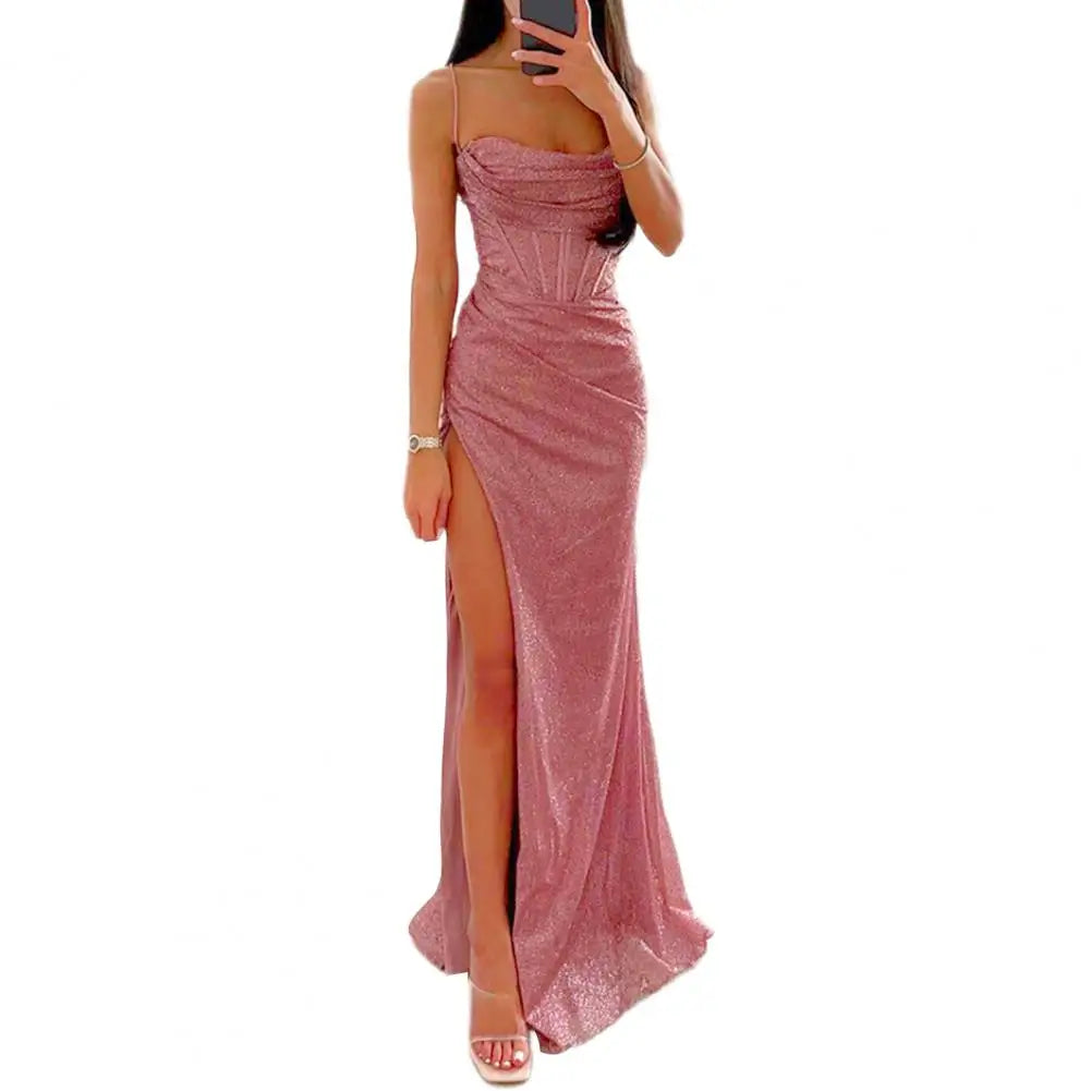 Sexy Women Evening Dress Spaghetti Strap Shiny Sequin Sleeveless Off Shoulder Low-cut High Split Prom Dress Long Party Dress