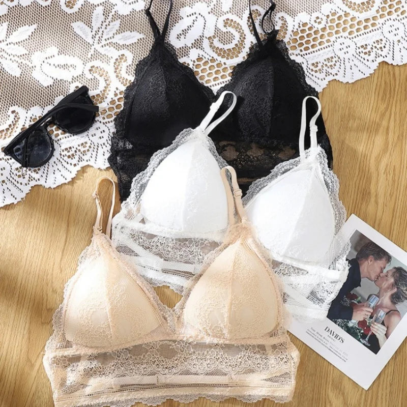 Convertible Lace Bralette Low Back Wireless Bras for Women Sexy Lingerie Thin Spaghetti Straps Brassiere 3-Way to Wear Underwear