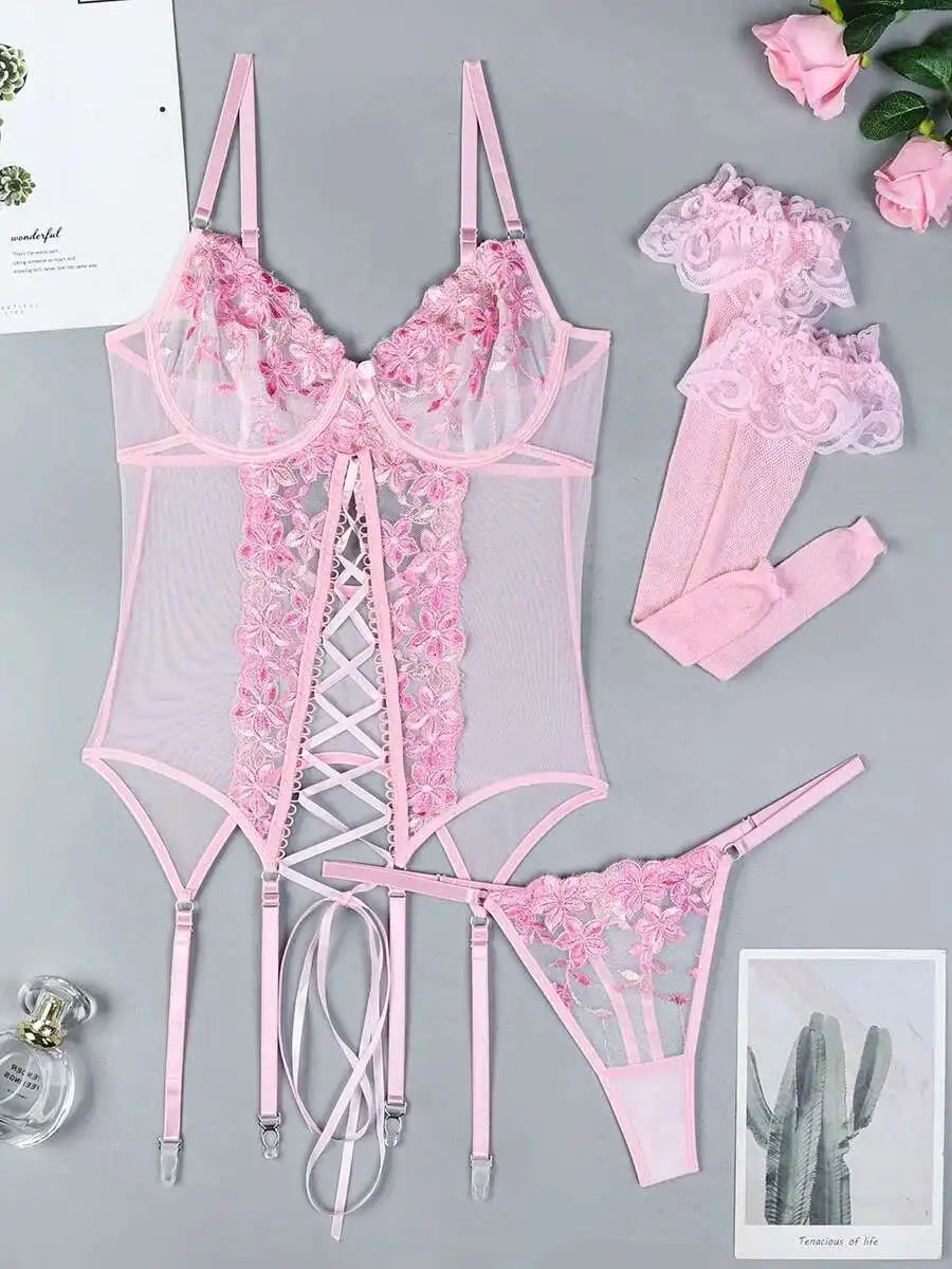 Ellolace Fancy Sexy Lingerie 3-Piece Corset Lace Up Beautiful Bodysuits With Stocking Luxury G-String Pink Intimate Goods 4PCY