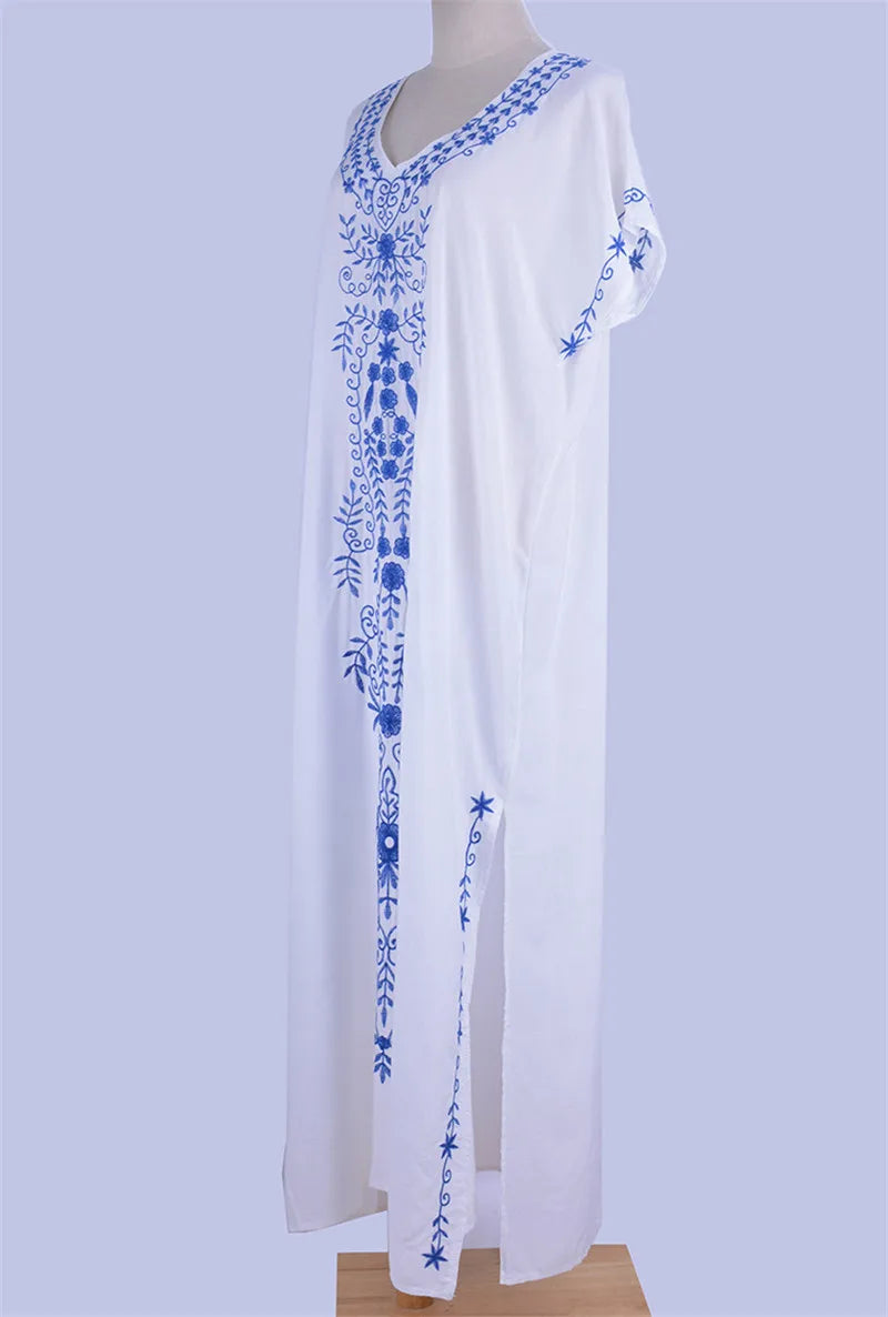 Swimsuit Cover Ups Embroidery V Neck Short Sleeve Swim Cover Up for Women Kaftan Dresses