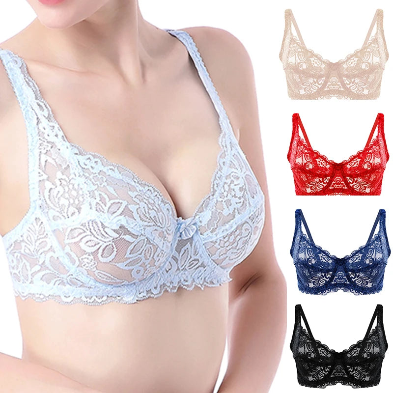 Women Sexy Lace Thin Bras Plus Size Push Up Bralette Hollow Out Lingerie Embroidery Bra Brassiere Female Underwired Underwear