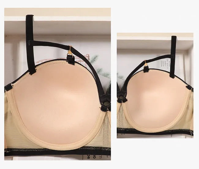 Sexy French Lace Balconette Bra Set Strappy Back for Small Bust Soft Underwire Demi Cup Natural Lift Anti Sag Party Heavy Duty