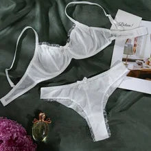 Sexy Lingerie Set Women Sheer Lace Bra and Panty Set with Bow Trim Elegant Erotic Underwear Transparent Intimates for Her