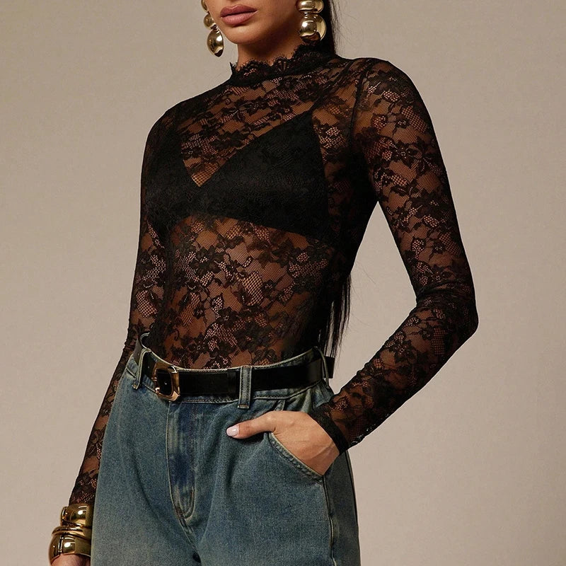 Sexy Lace Bodysuits For Women Fashion Clubwear Long Sleeve Slim See Through Romper Female Jumpsuit Lady Playsuit White Shirt