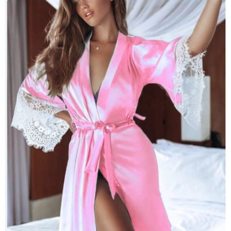 Female Sexy Lingerie Silky Satin Sleepwear Women Night Gown Robe with G String Floral Lace Bathrobe Halt Sleeve Nightdress