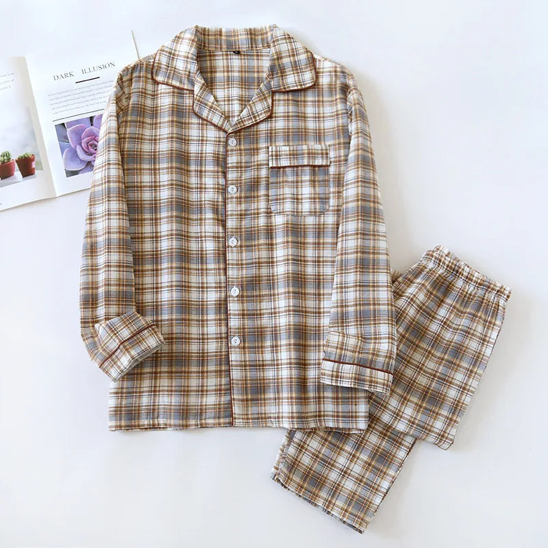 2026 Japanese New Men's Pajama Set Spring/Summer Checkered Simple Long sleeved Two Piece Set 100%Cotton Cardigan Home Furnishing