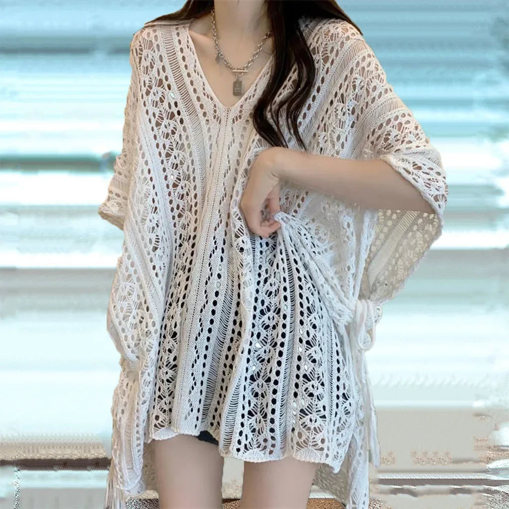 Women's Swimwear Crochet Lace Beach Cover Up Bikini Swimsuits Knitted Cover Up Dress Womens Swimsuit V Neck Side Split Beachwear
