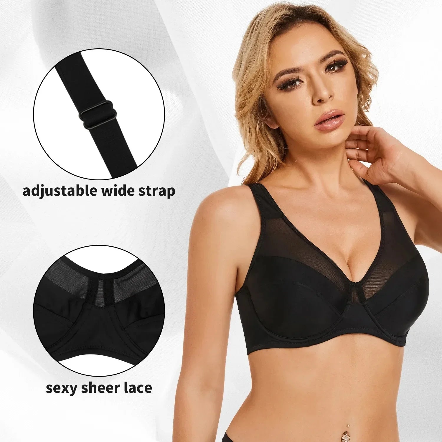 Large Size Women's Full Coverage Minimizer Lace Bra Underwire Non-Padded Soft Everyday Transparent Thin Minimizer Bras CDEFG