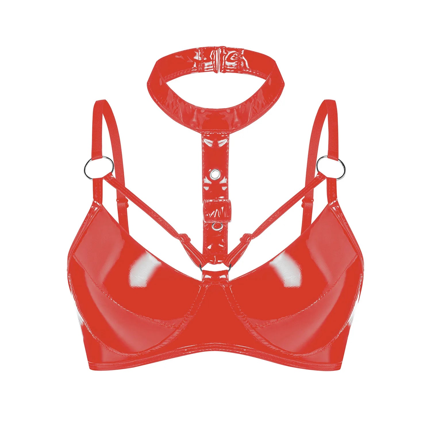 Women's Sexy Halter Backless Bra Lingerie Wire-Free Unlined Bralette Vest Wet Look Patent Leather Hollow out Bustier Top