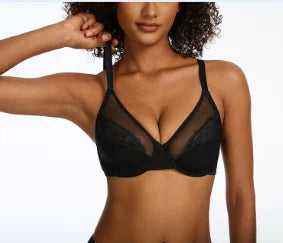 Lifting Lace Bras for Women Sheer Balconette Full Coverage Underwire Unlined Everyday Bras Lingerie