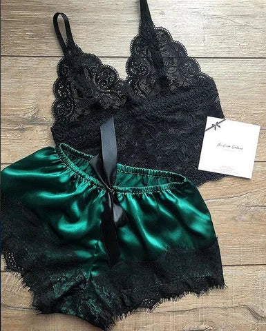 Mengya Women Lace Satin Two Piece Lingerie Set Spaghetti Strap Camisole Silky Lace Trim Shorts Nightwear European American Style