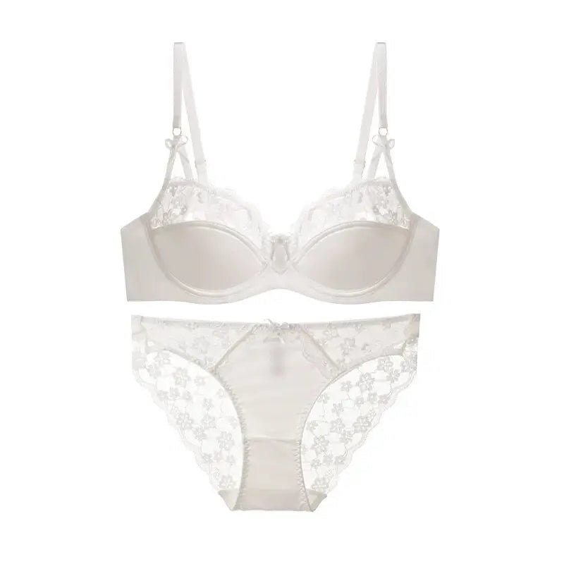 High Quality French Demi Cup Bra Set Soft Lace Thin Lightweight Side Support Anti Sagging Comfort Everyday Wear 32-38AB Bra Suit